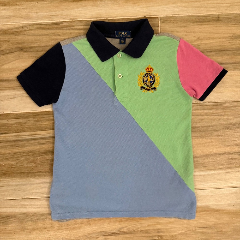 Polo Ralph Lauren Boys Size 7 Colorblock Crest Polo Shirt Short Sleeve Multi